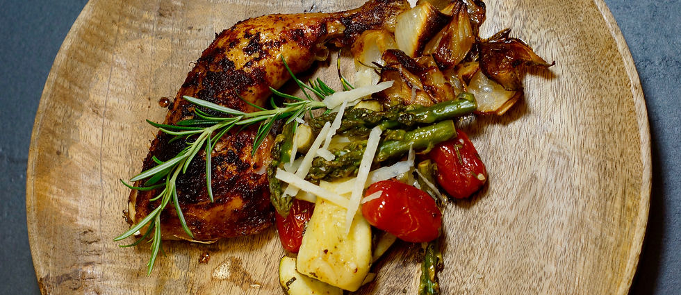 Hühnerschlegel aus dem Backofen mit Zucchini-Spargel-Gemüse
