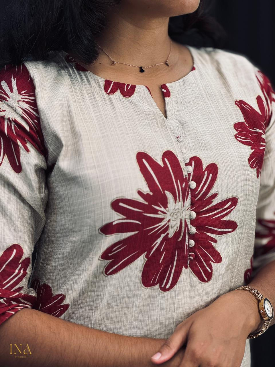 Thumbnail: Beige Floral Handblock-Print Cotton Kurti Set