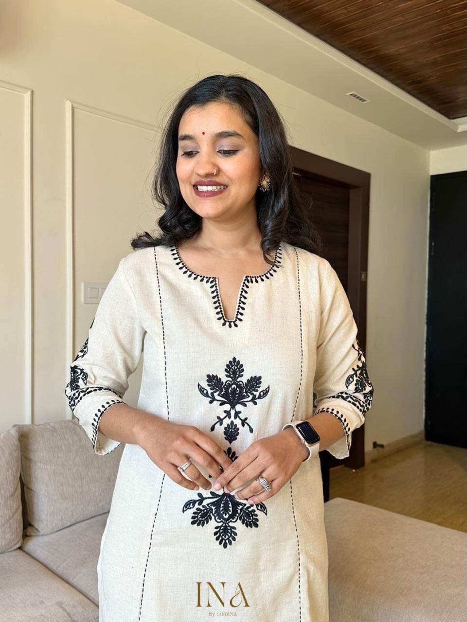 Thumbnail: Ivory Ethnic Embroidered Cotton Kurti Set