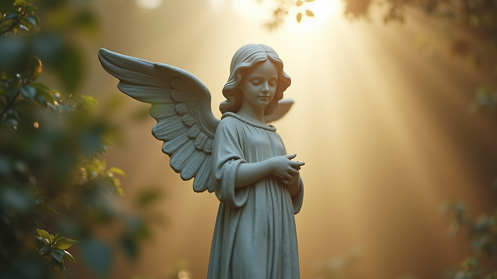 Eye-level view of a serene angel statue surrounded by soft light
