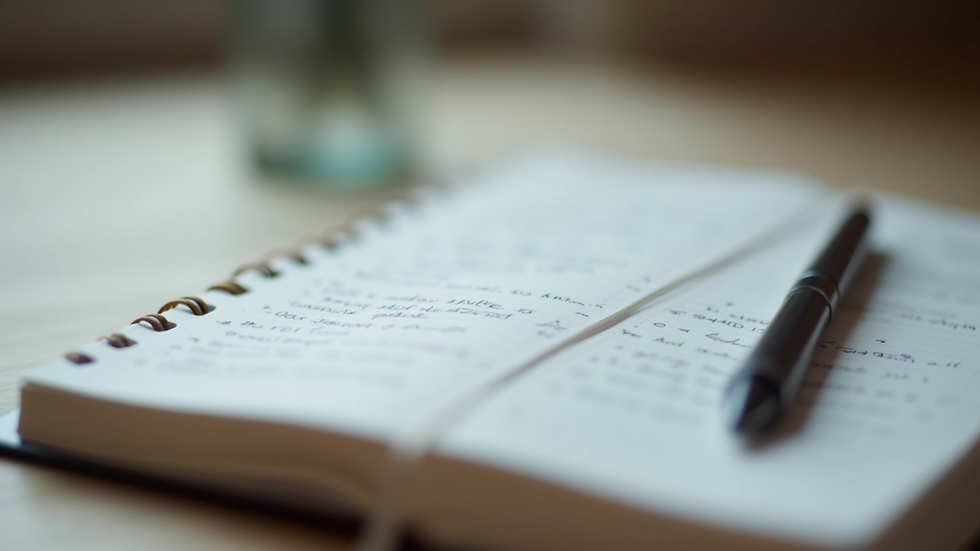 Close-up view of a journal with handwritten notes and a pen