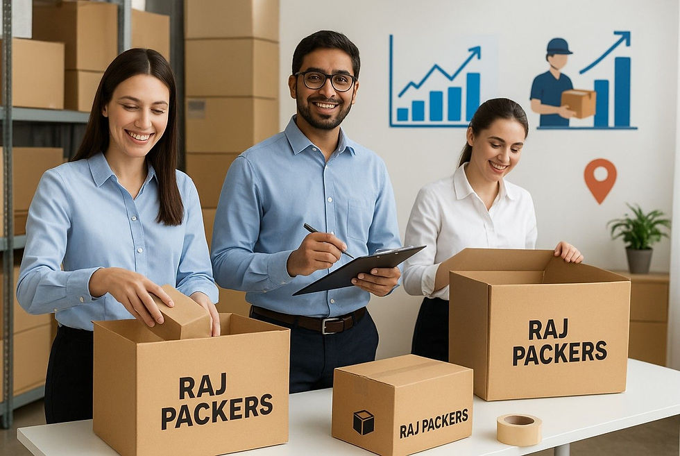 happy team packing products in Raj Packers Boxes