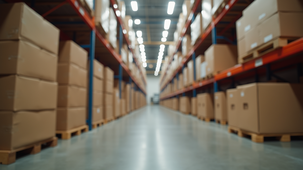 Eye-level view of stacked corrugated food packaging boxes in a warehouse