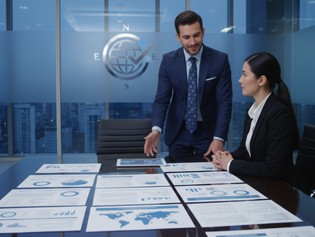 Two colleagues in a modern office reviewing charts and data on a table, with one person standing and gesturing while the other listens.
