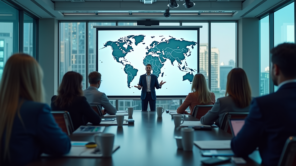 Eye-level view of a modern training room with a presenter and attentive participants