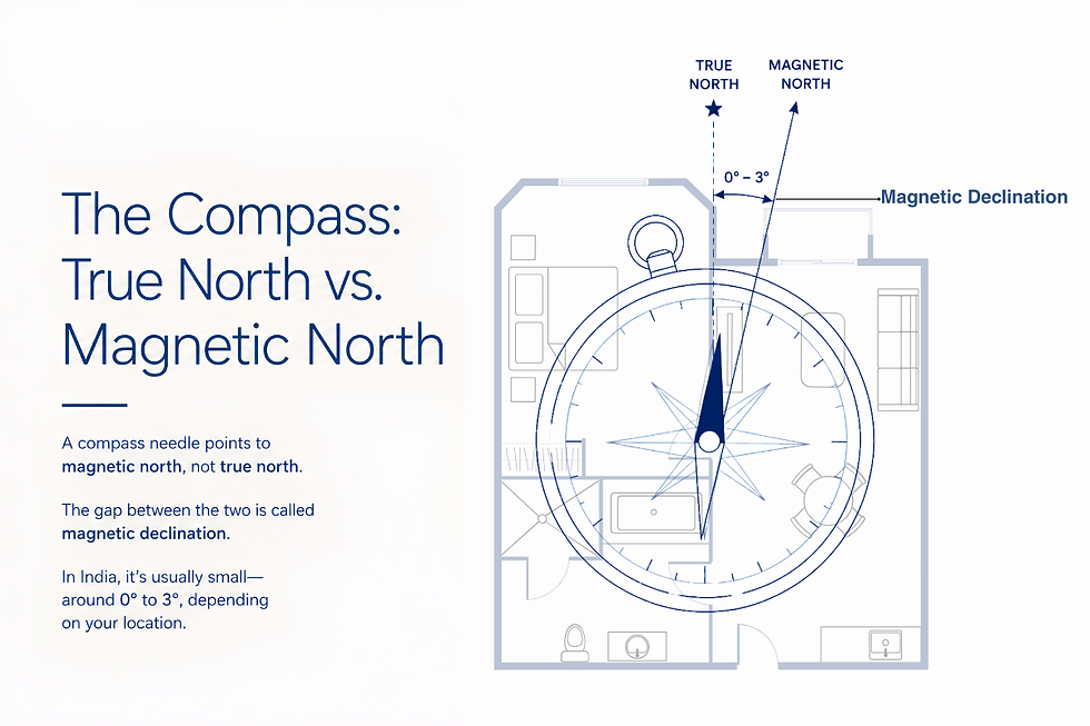 Diagram explaining the difference between true north and magnetic north using a compass over a house floor plan, showing magnetic declination for accurately checking house directions