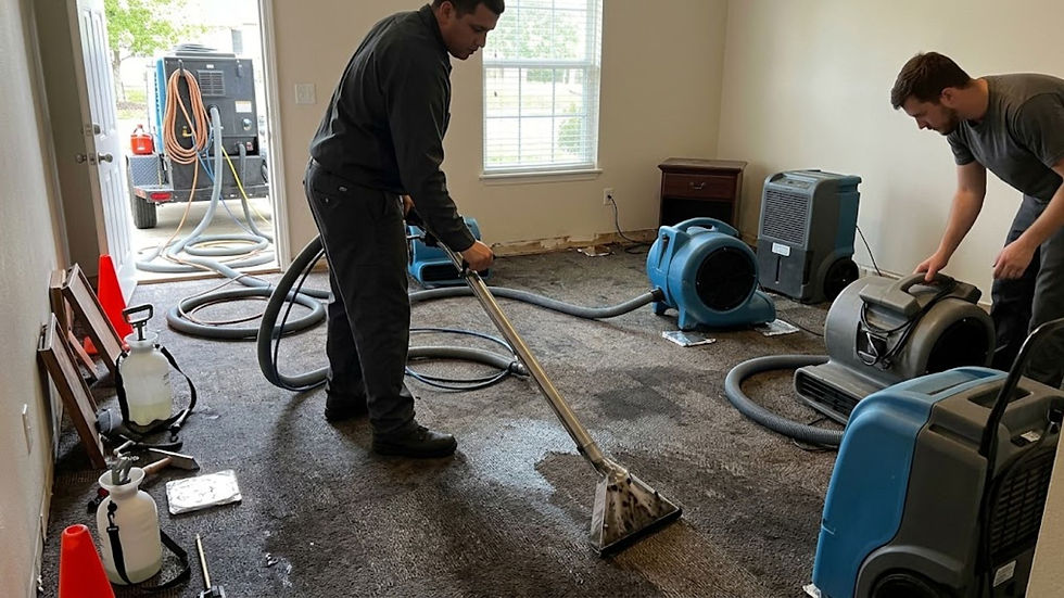 Two workers extract water from a carpeted room with drying fans and hoses after flooding, with an open door and truck outside.
