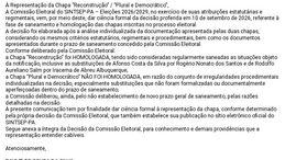 Comissão Eleitoral do SINTSEP-PA (2026–2029) torna pública decisão sobre as eleições da entidade sindical: HOMOLOGA A CHAPA RECONSTRUÇÃO e NÃO HOMOLOGA A CHAPA PLURAL E DEMOCRÁTICA