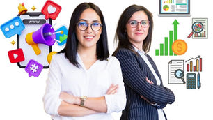 שתי נשים מביטות למצלמה, לצידן אייקונים של שיווק וניהול עסק (מה ההבדל בין ייעוץ עסקי וייעוץ שיווקי?)