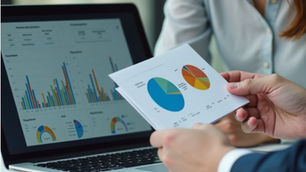 זוג ידיים אוחזות בדף ועליו גרפים צבעוניים. ברקע מסך מחשב ועליו גרפים נוספים. 