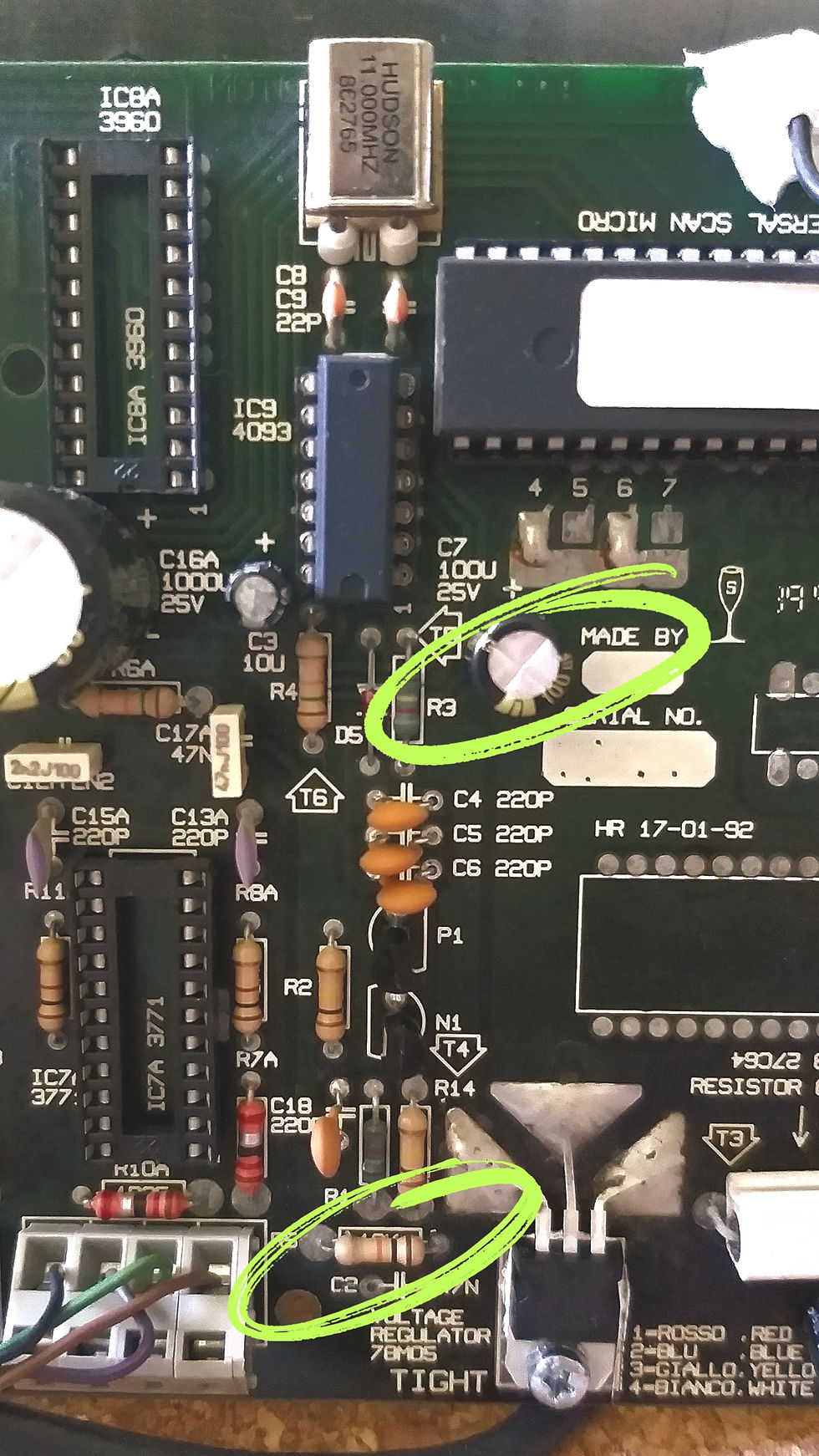 Marked, are the capacitor and resistor responsible for the MCU reset during start up.
