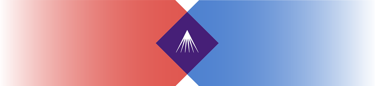 two arrow shaped boxes. one red, one blue, intersecting in the middle to create a purple diamond with an icon of a white mountain inside it