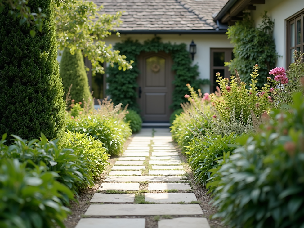 A beautifully landscaped residential garden with lush plants, flowers, and a stone pathway