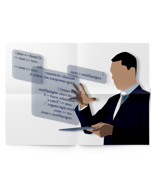 The Mice Groups Inc: deck slide of a man looking at hologram of code projected up with his hand from a device.