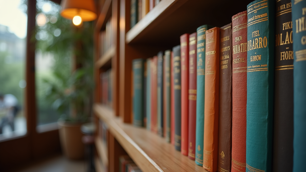 Eye-level view of a vibrant book display in a cozy reading nook