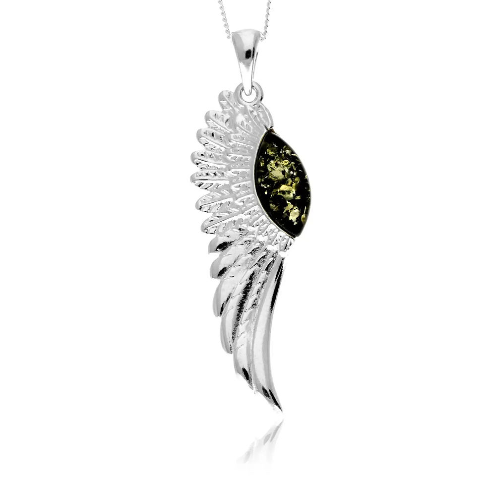 Thumbnail: Sterling Silver & Green Amber Angel Wing Pendant Necklace 
