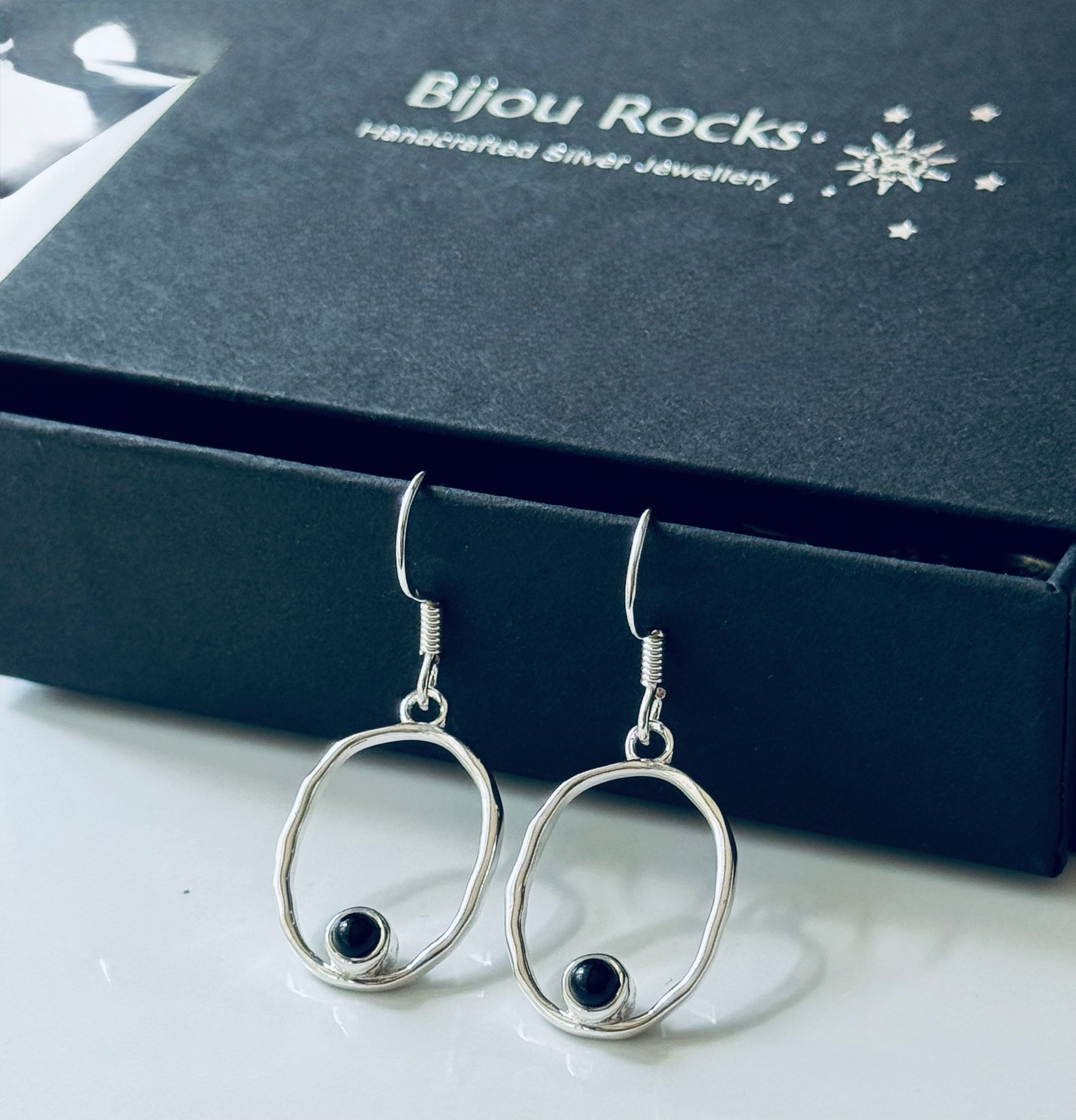 Sterling Silver Lexi Hammered Oval Framed Black Onyx Earrings