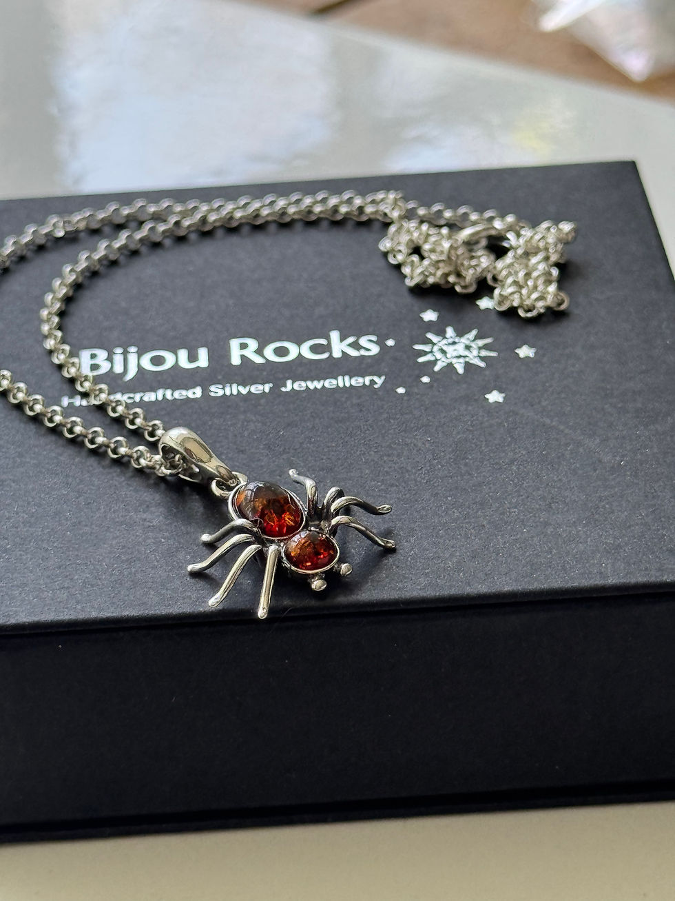 Thumbnail: Sterling Silver & Baltic Amber Spider Pendant 