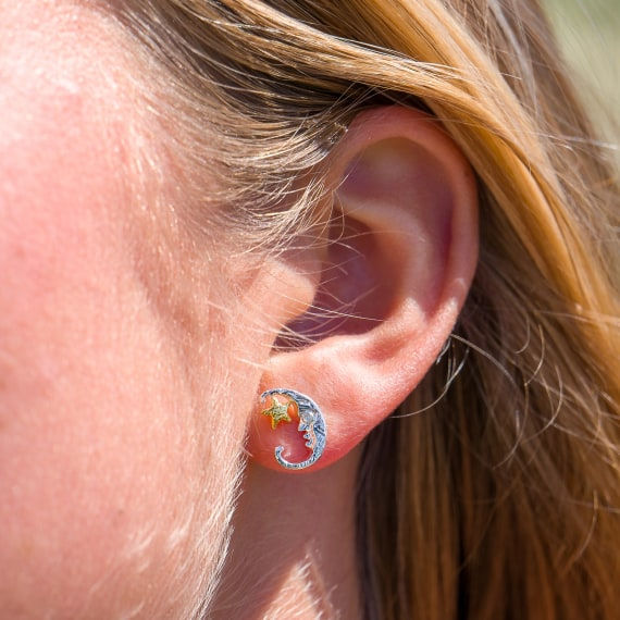 Thumbnail: Sterling Silver Moon Face & Star Stud Earrings . 