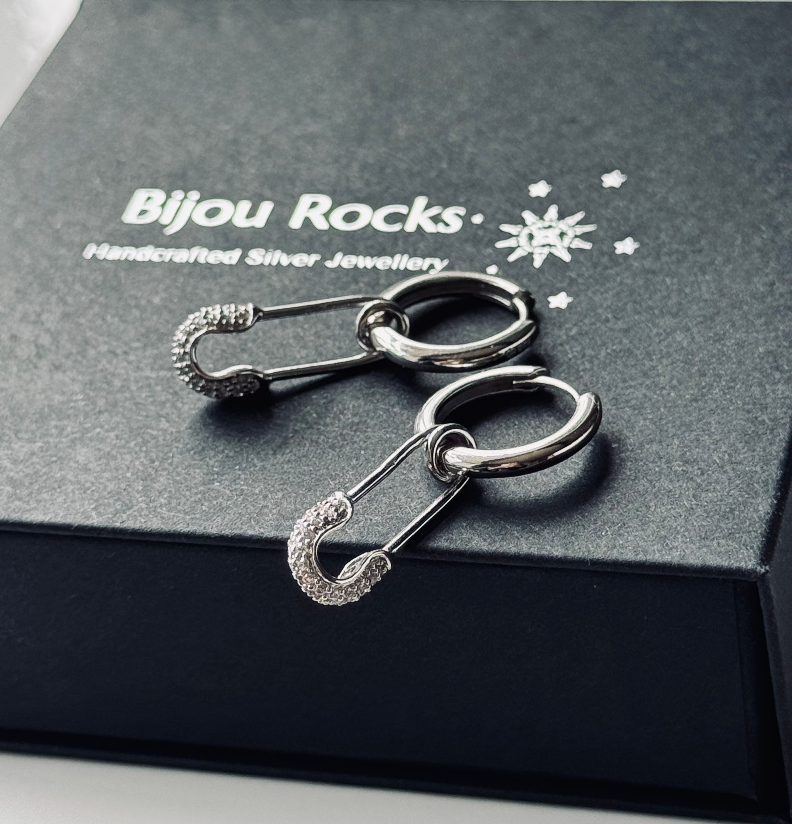Sterling Silver Safety Pin Charm Hoops Earrings