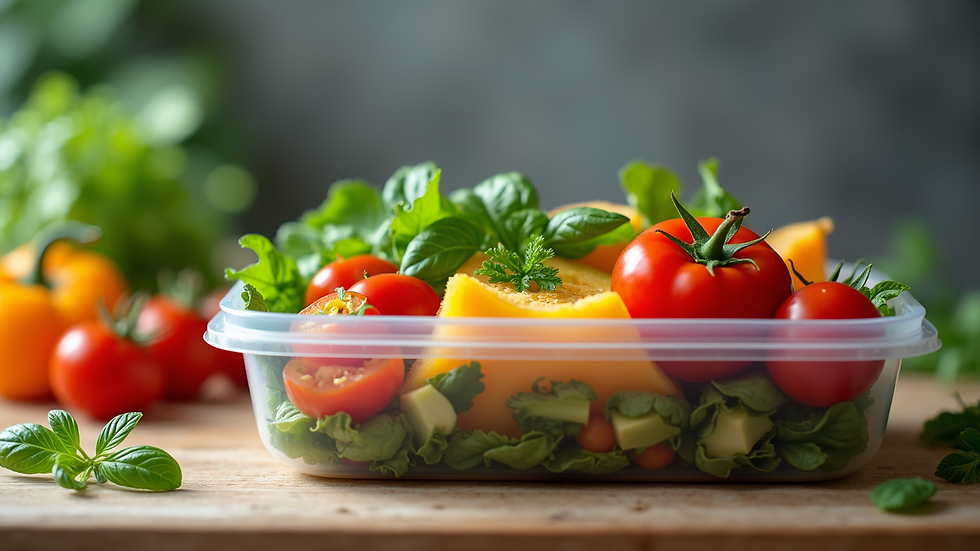 Close-up view of a healthy meal prep container filled with colorful vegetables