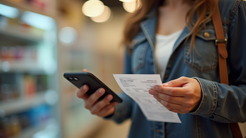Close-up view of a consumer holding a receipt and smartphone