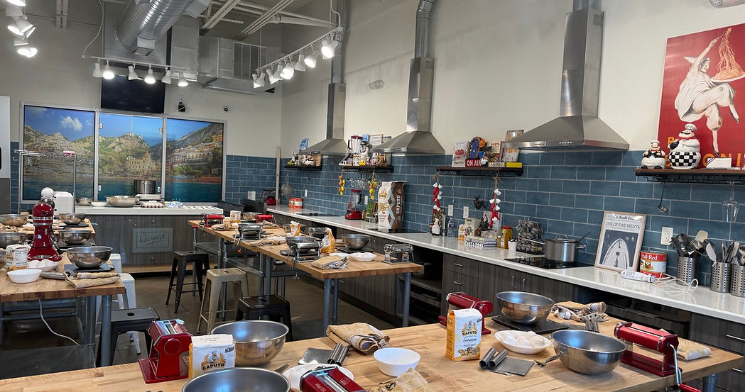 Pasta making studio at Danjoy's Homemade Pasta in Katy, TX prepared for a hands-on pasta class