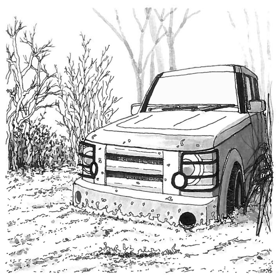 off-road, off-road vehicle, 4X4, all wheel drive, lifted suspension, land rover, range rover, stuck, BF Goodrich, exploration, adventure, sketch, ink drawing, microns, micron pens, Sakura, stippling, hatch, hatching, gradient