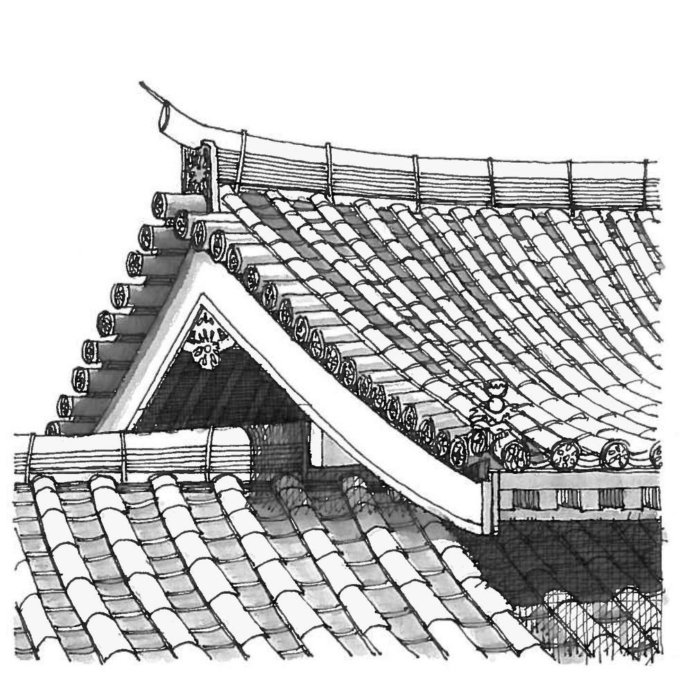 Japanese, Japanese home, Japanese roof line, temple, Japanese temple, roof tile, ceramic roof, Japanese architecture, architecture, sketch, ink drawing, microns, micron pens, Sakura, stippling, hatch, hatching, gradient