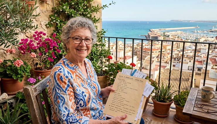 Eye-level view of a retired person holding a folder with travel documents on a sunny balcony in Spain