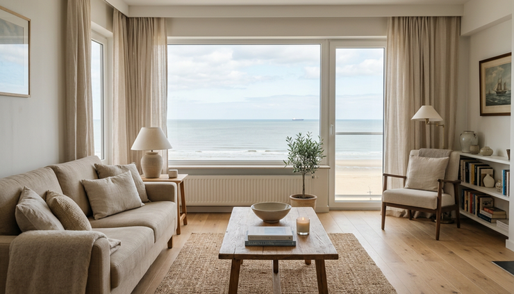 Eye-level view of a cosy living room facing large windows with a sea horizon