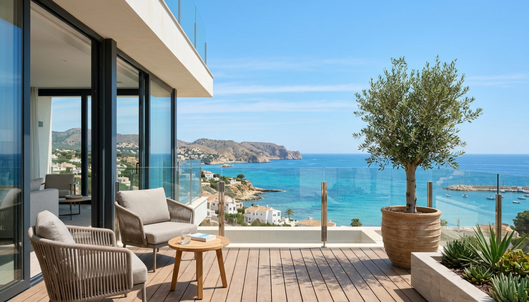 Eye-level view of a modern apartment terrace overlooking the Mediterranean Sea