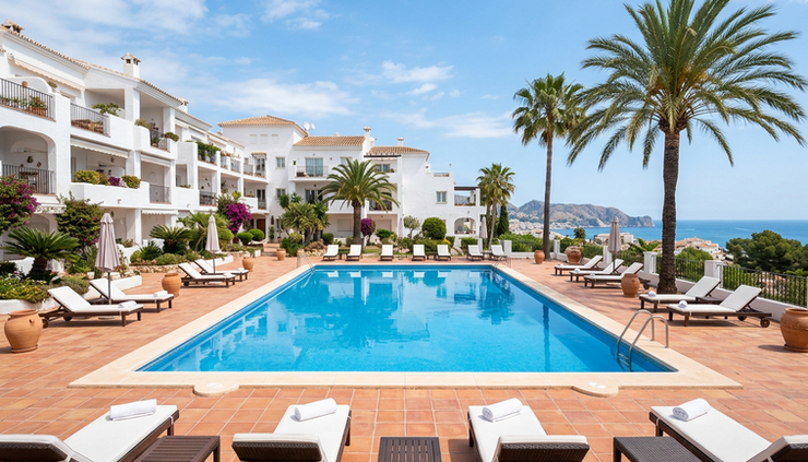 Wide-angle view of a Mediterranean apartment complex with a shared pool and palm trees.