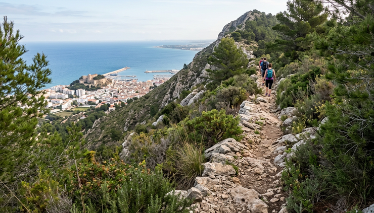 Eye-level view of a rocky path on Montgó mountain overlooking Denia and the Mediterranean Sea