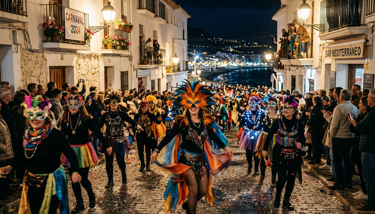 Breedbeeld van een carnavalsstoet bij avondlicht in een kuststad aan de Costa Blanca