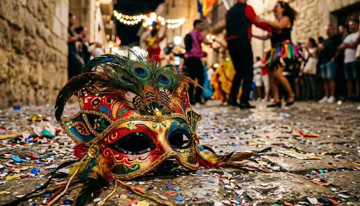 Close-up van een kleurrijk carnavalsmasker met confetti op een straat aan de Costa Blanca