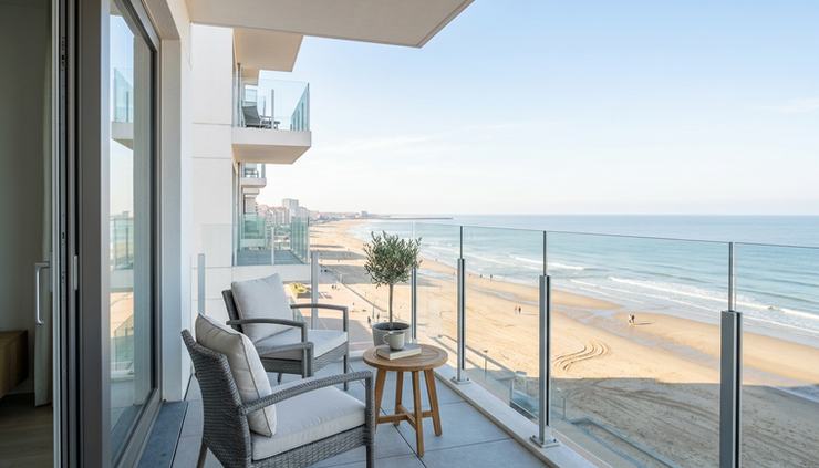 Wide-angle view of a bright seaside apartment balcony overlooking the North Sea