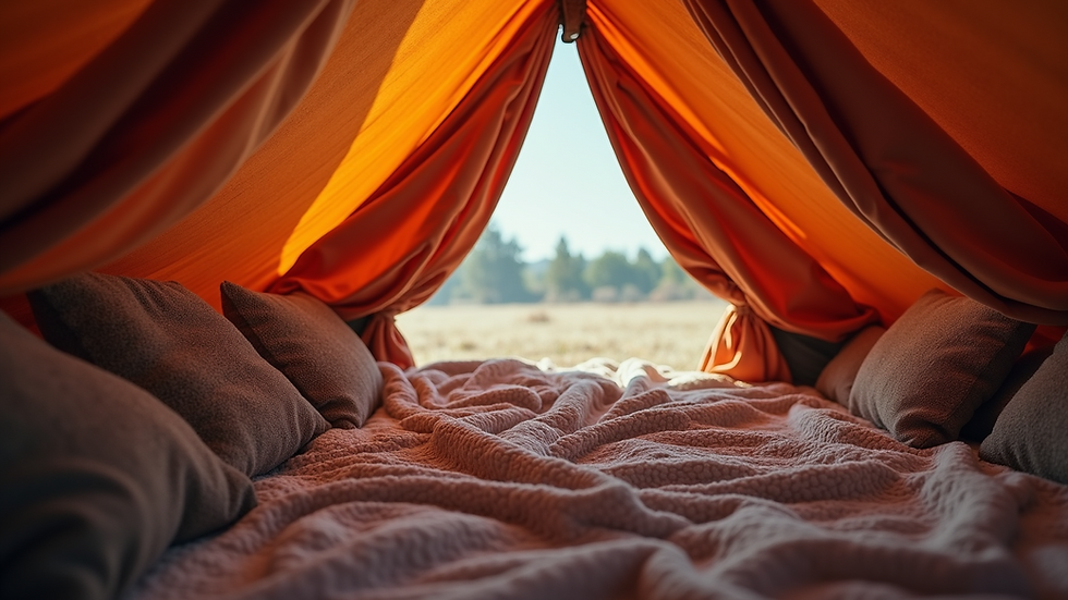 Eye-level view of a cozy indoor camping fort made from blankets and pillows
