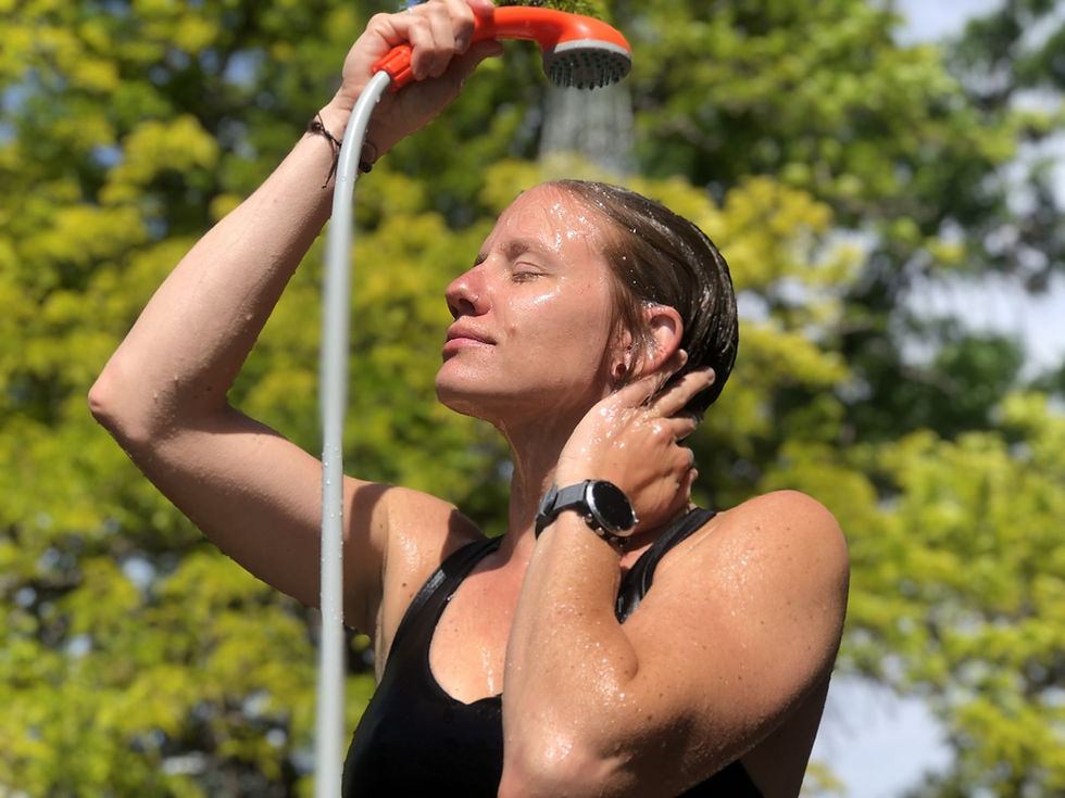 woman using a portable camping shower