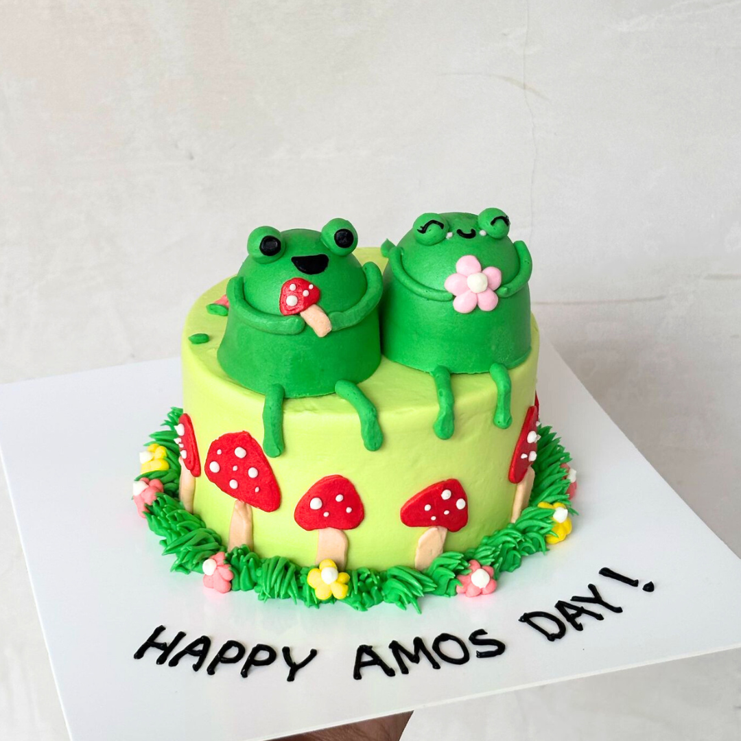 Frog Couple Cake with Mushrooms and Flowers