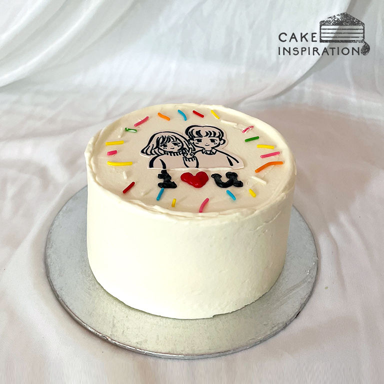Thumbnail: Simple Sprinkle Theme With Edible Couple / Family Print Bento Cake (E10)
