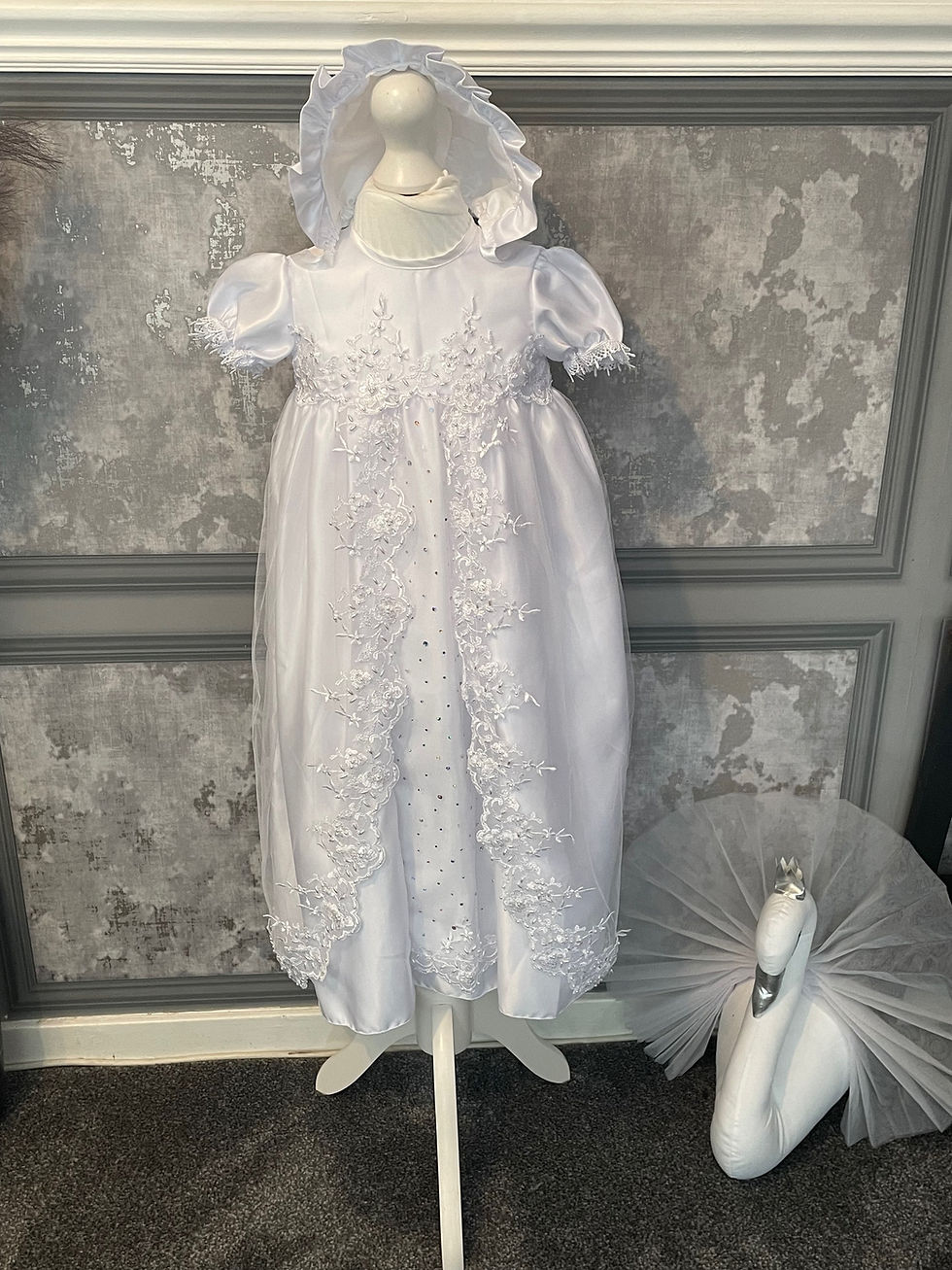 Thumbnail: Girls 2 piece Christening dress with lace/bead and gem detail