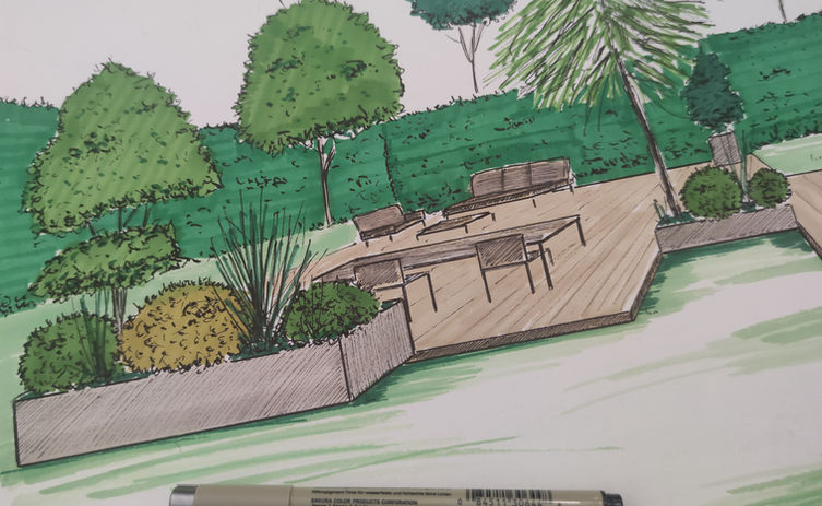 Esquisse paysagère créée pour accompagner la transformation du jardin à l'étang la ville