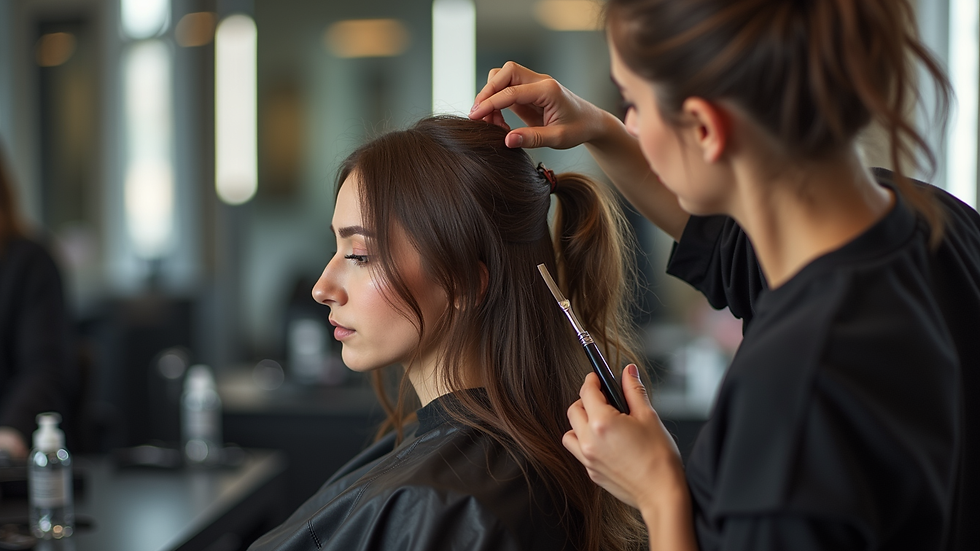Eye-level view of a professional stylist applying hair color in a salon