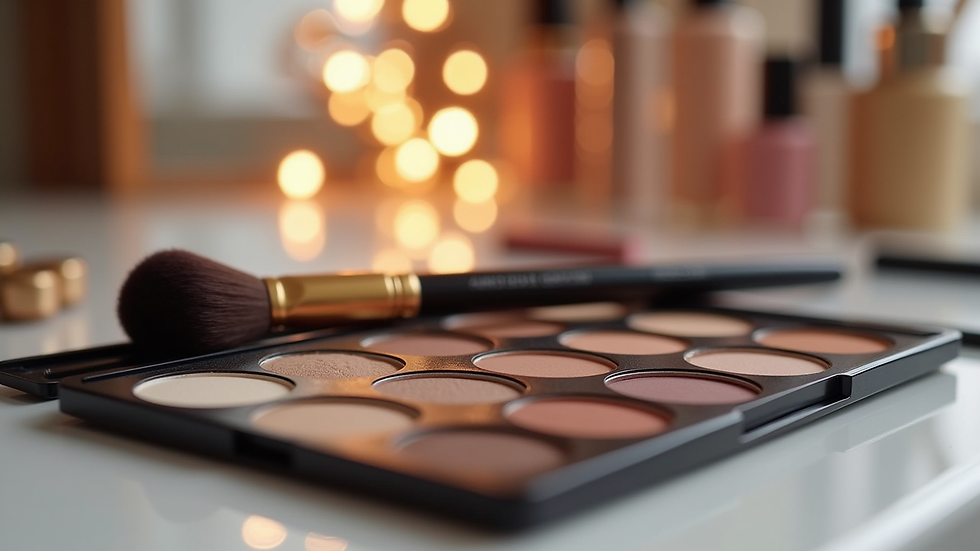 Close-up view of luxury makeup brushes and palette on a vanity