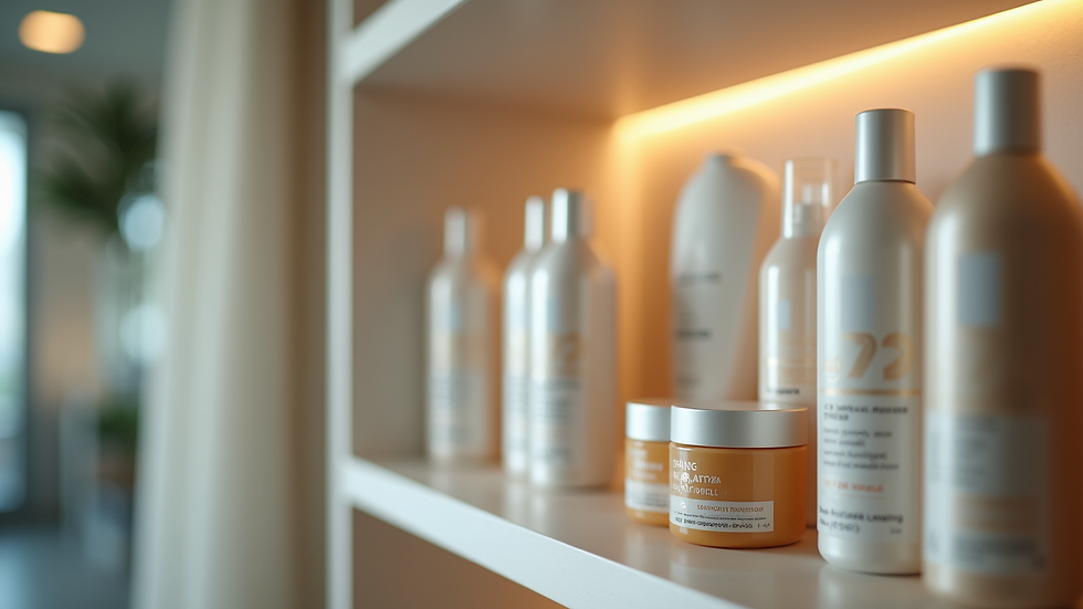 Close-up view of professional hair care products on a salon shelf