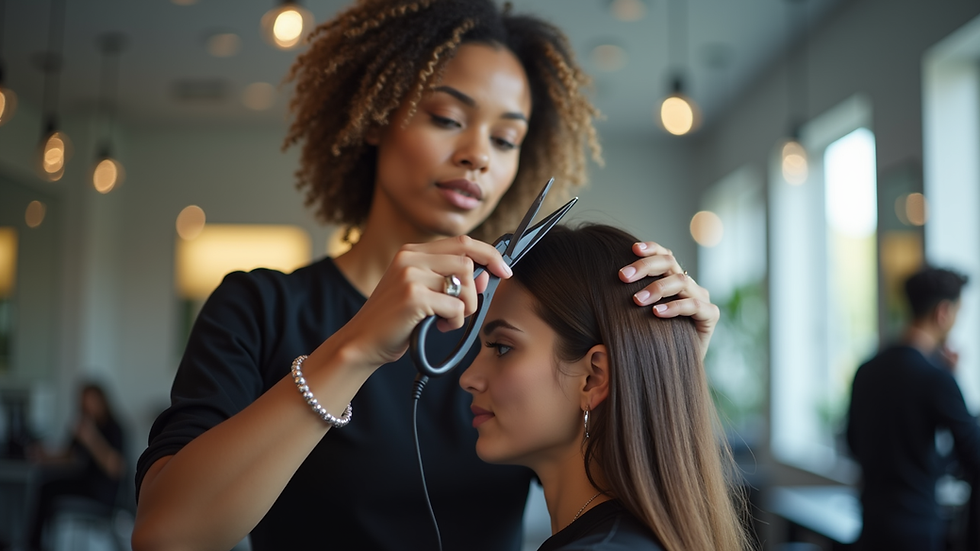 Eye-level view of a stylist carefully cutting hair in a modern salon setting