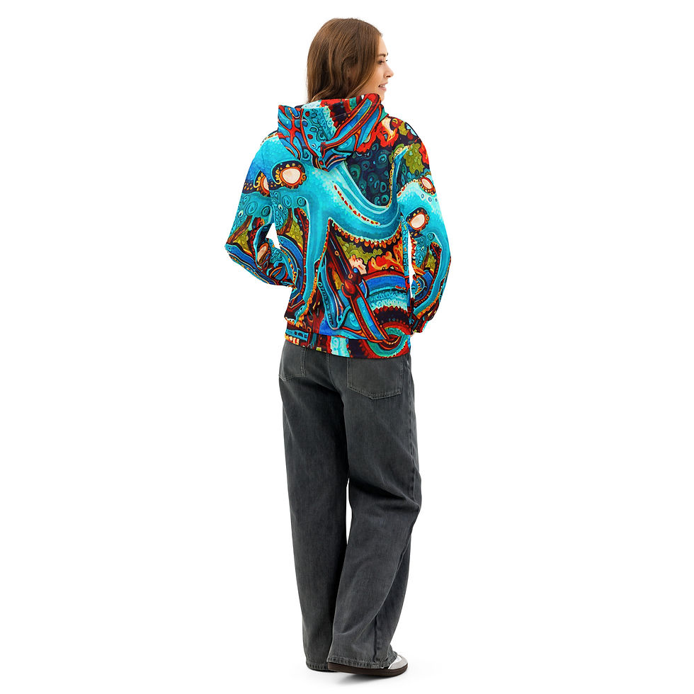 Thumbnail: Unisex cotton hoodie Psychedelic Octopus riding a motorcycle