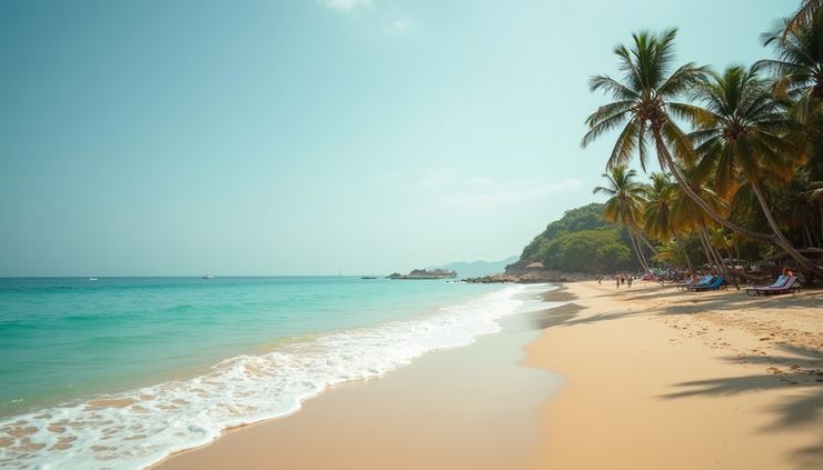 Eye-level view of a serene beach with palm trees and calm Atlantic Ocean waves in West Africa