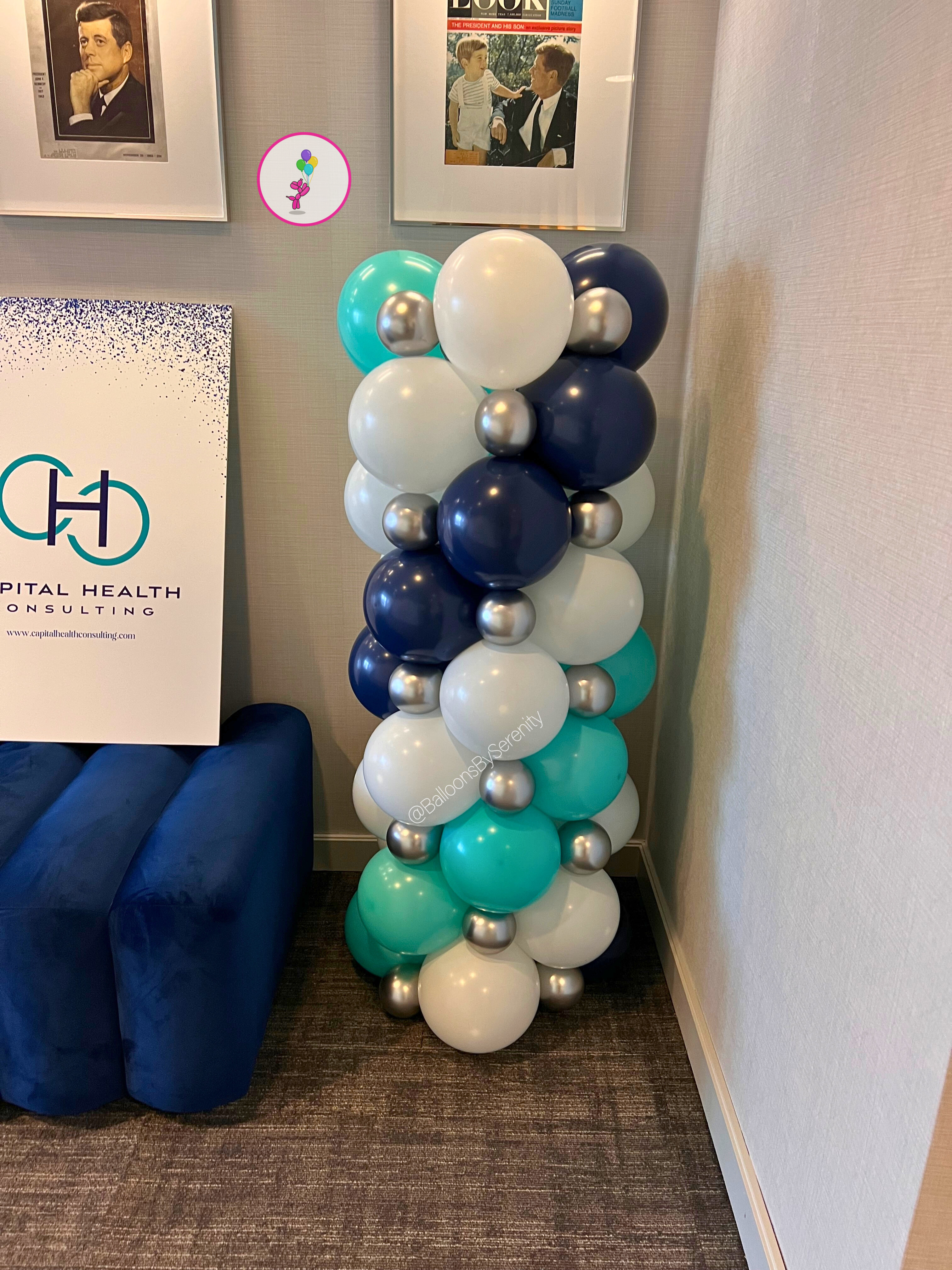 Organic balloon column in navy, robin’s egg blue, white, and silver for CHC grand opening, Clifton Park NY